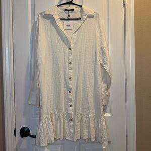 NWT Zara Ivory Collard Ruffle Long Sleeve Dress Size S